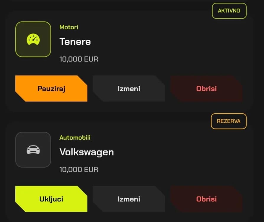 Moji signali u aplikaciji: aktivan signal sa dugmetom Pauziraj i signal u rezervi sa dugmetom Uključi